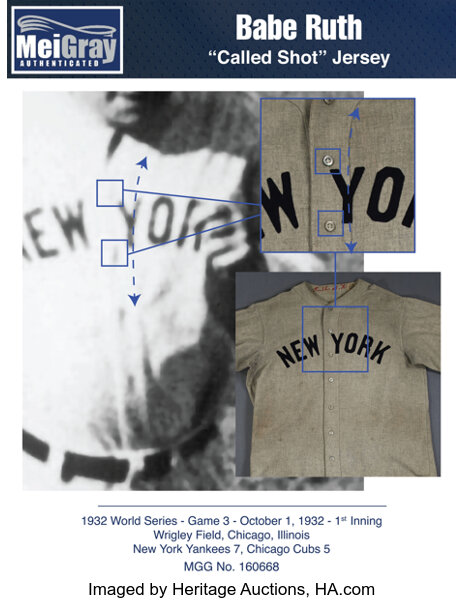 Side-by-side images show the jersey worn by Babe Ruth in the 1932 World Series as seen in photos from the time and compared to the still intact jersey that heads to auction in August 2024. (Heritage Auctions)