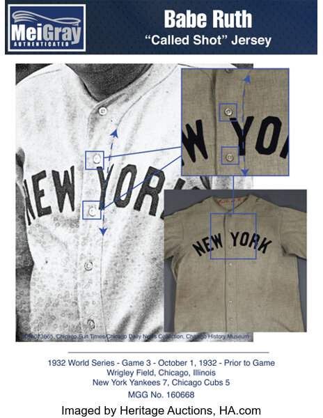 Side-by-side images show the jersey worn by Babe Ruth in the 1932 World Series as seen in photos from the time and compared to the still intact jersey that heads to auction in August 2024. (Heritage Auctions)