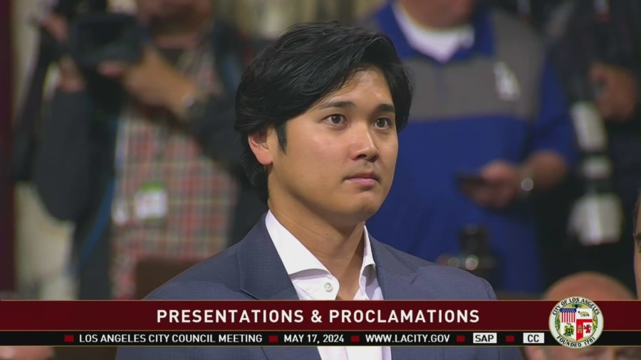 Los Angeles Dodgers star Shohei Ohtani is recognizes by the Los Angeles City Council on May 17, 2024. (City of Los Angeles)