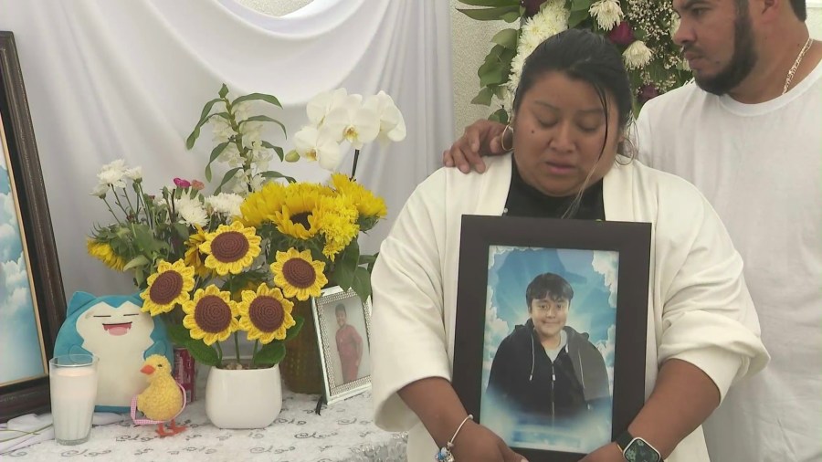 Claudia Gramajo mourns the death of her son, Derrick Serrano, on May 4, 2024. He was struck and killed by a driver in South Los Angeles. (KTLA)