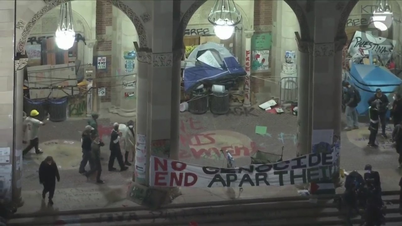 Protestors camped outside of a building at the UCLA campus on May 1, 2024. (KTLA)