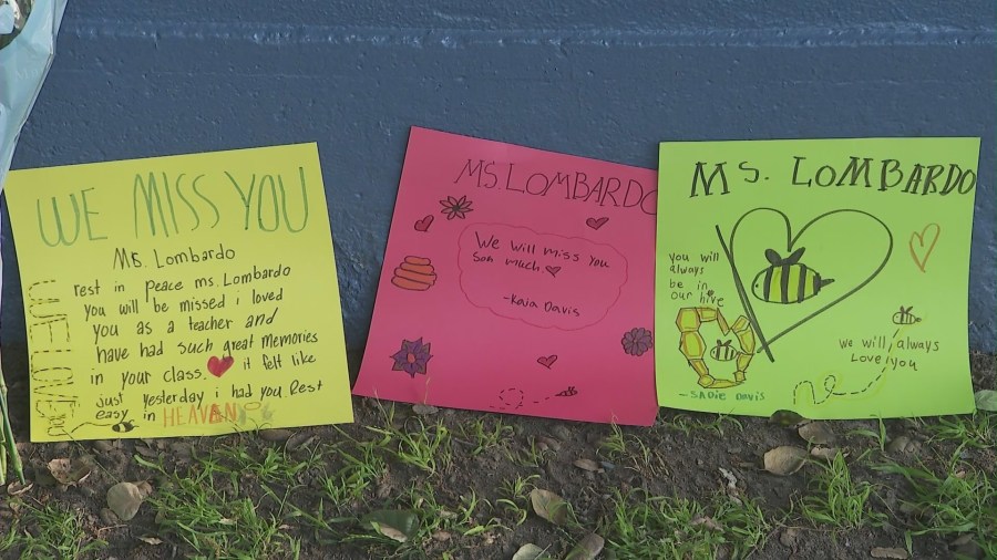 A growing memorial remembering Karyn Lombardo is seen outside Bret Harte Elementary School can be seen on May 8, 2024. (KTLA)