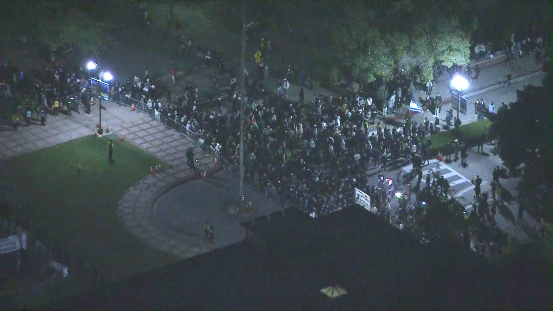 Police officers arrived as a dispersal order was given to a large encampment of pro-Palestinian protestors gathered on the UCLA campus on May 1, 2024. (KTLA)