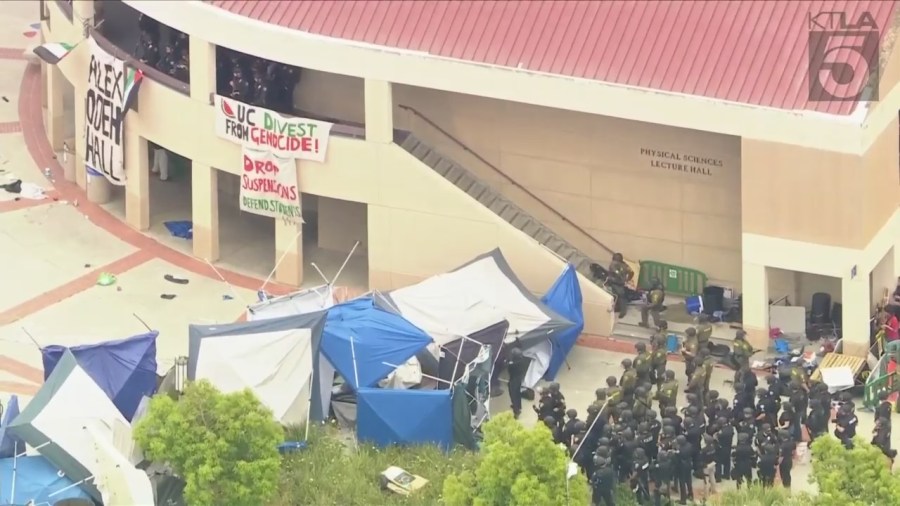 Officers began dismantling a pro-Palestinian encampment at UC Irvine on May 15, 2024. (KTLA)