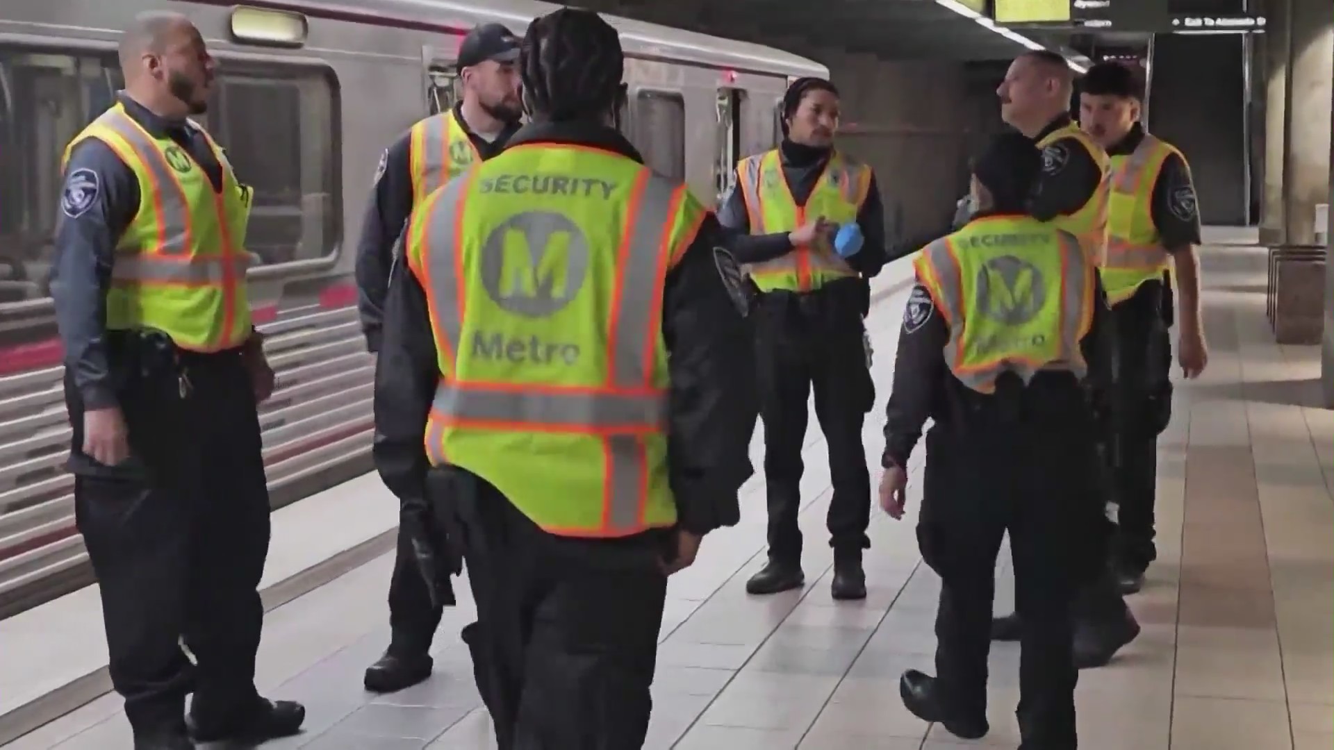 Metro security personnel patrolling a transit station in Los Angeles County. (KTLA)