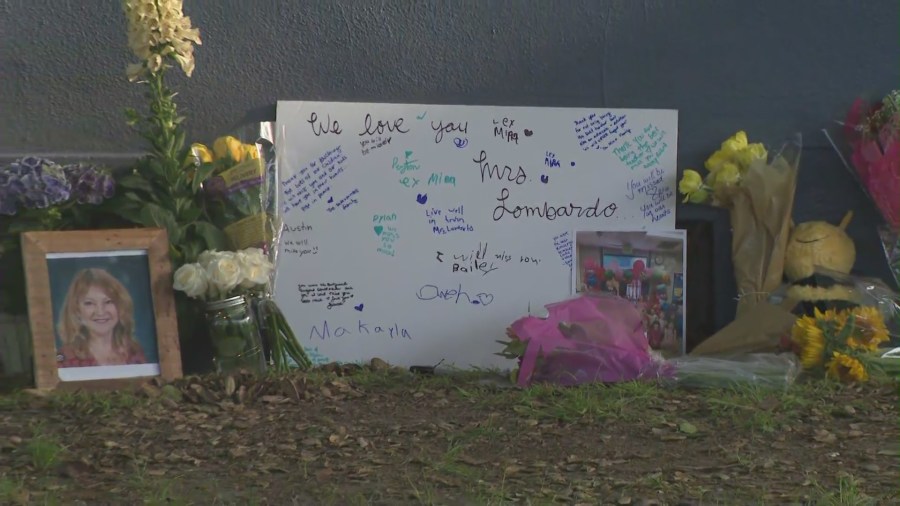 A growing memorial remembering Karyn Lombardo is seen outside Bret Harte Elementary School can be seen on May 8, 2024. (KTLA)