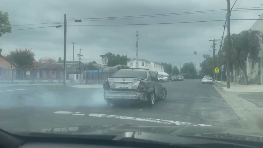 A driver was seen doing dangerous street stunts near the intersection of Vernon and Wadsworth Avenues in South L.A. as KTLA was on the scene on May 4, 2024. (KTLA)