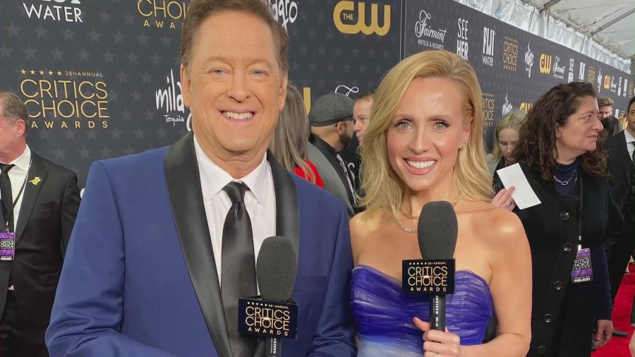 KTLA's Jessica Holmes and Sam Rubin reporting from the red carpet. (KTLA)