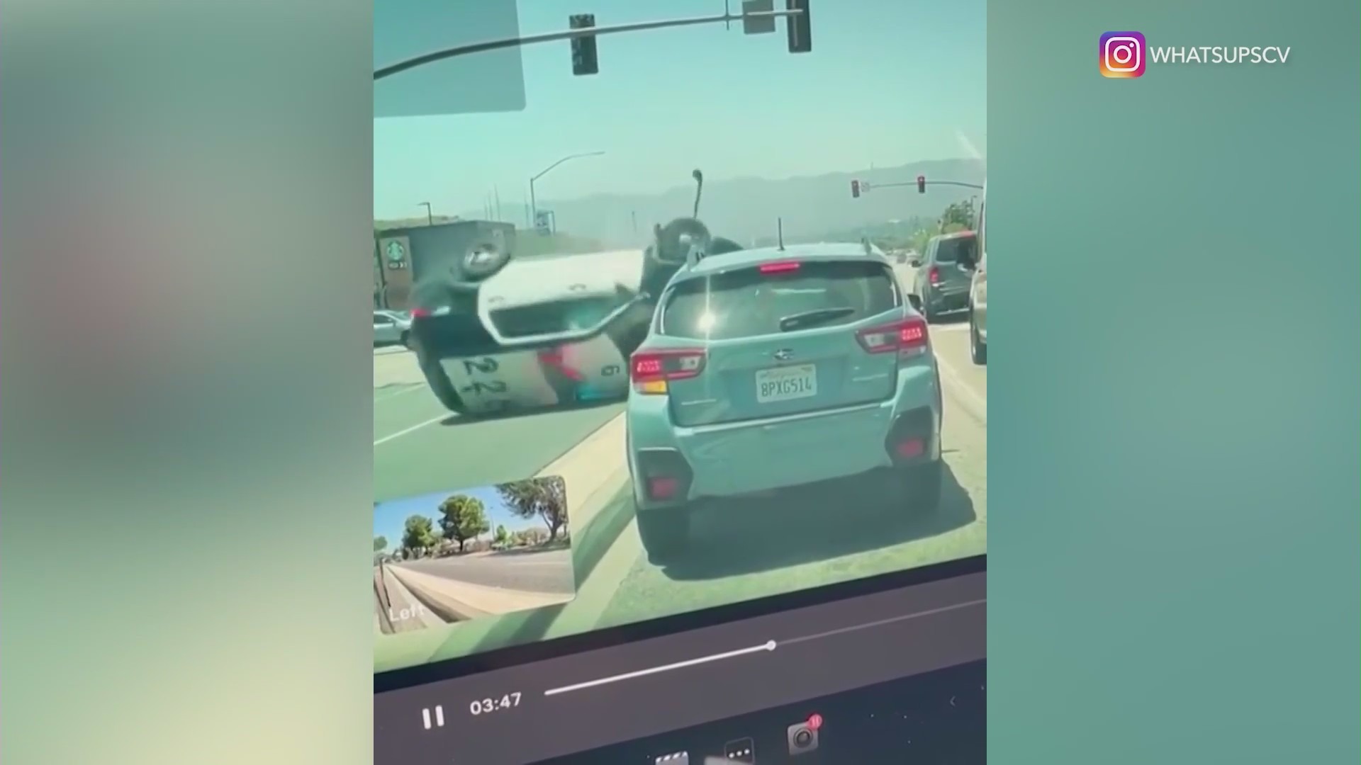 Dashcam video captured the moment a crash sent a deputy's vehicle barreling into a busy intersection in Santa Clarita on May 29, 2024. (@whatsupscv)