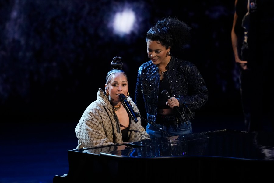 Alicia Keys, left, and 'Hell's Kitchen' cast member Maleah Joi Moon perform during the 77th Tony Awards on Sunday, June 16, 2024, in New York. (Photo by Charles Sykes/Invision/AP)