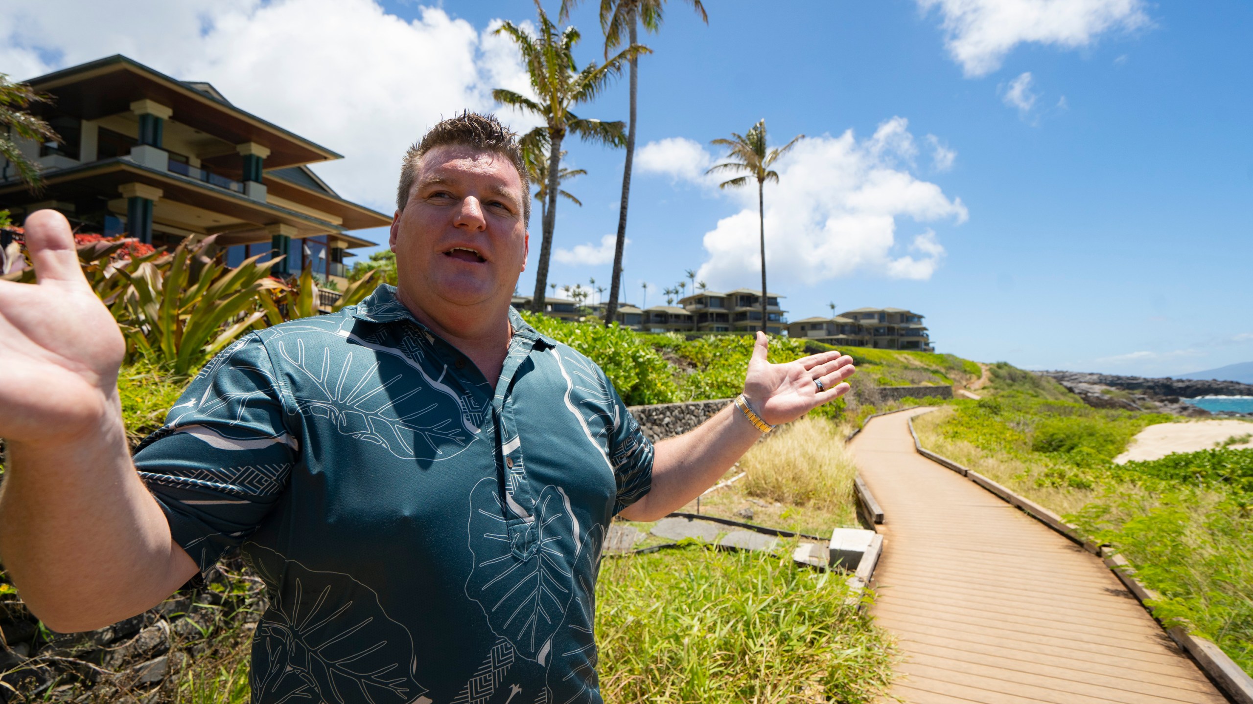 Jeremy Stice, who manages more than 40 vacation rental properties, talks about the short-term rentals along the coast at The Ridge Villas on Monday, June 24, 2024, in Lahaina, Hawaii. The mayor of Maui County in Hawaii wants to stop owners of thousands of vacation properties from renting to visitors. Instead, he wants the units rented long-term to people who live on Maui to address a chronic housing shortage that intensified after last August’s deadly wildfire. (AP Photo/Mengshin Lin)