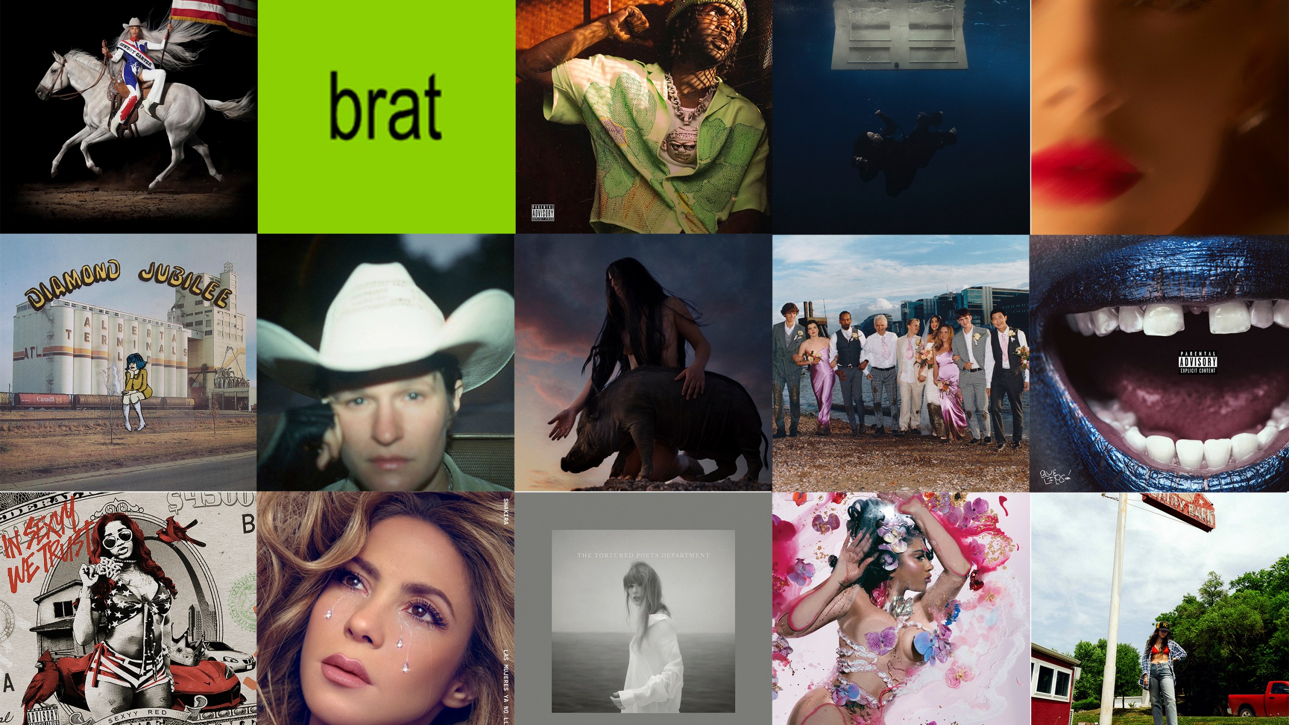 This combination of album covers shows, top row from left, "Act II: Cowboy Carter" by Beyonce (Parkwood/Columbia/Sony), "Brat" by Charli XCX (Atlantic), "Almighty So 2" by Chief Keef (43B), "Hit Me Hard and Soft" by Billie Eilish (Darkroom-Interscope), and "Eternal Sunshine" by Ariana Grande (Republic Records), second row from left, "Diamond Jubliee" by Cindy Lee (Realistik Studios), "Bright Future" by Adrianne Lenker (4AD), "I Got Heaven" by Mannequin Pussy (Epitaph), "Right Place, Wrong Person" by RM (BigHit), and "Blue Lips" by Schoolboy Q (Interscope), bottom row from left, "In Sexyy We Trust" by Sexyy Red (Rebel/gamma), "Las Mujeres Ya No Lloran" by Shakira (Sony), "The Tortured Poets Department" by Taylor Swift (Republic), "Orquídeas" by Kali Uchis (Geffen) and "Tigers Blood" by Waxahatchee (ANTI Records). (AP Photo)