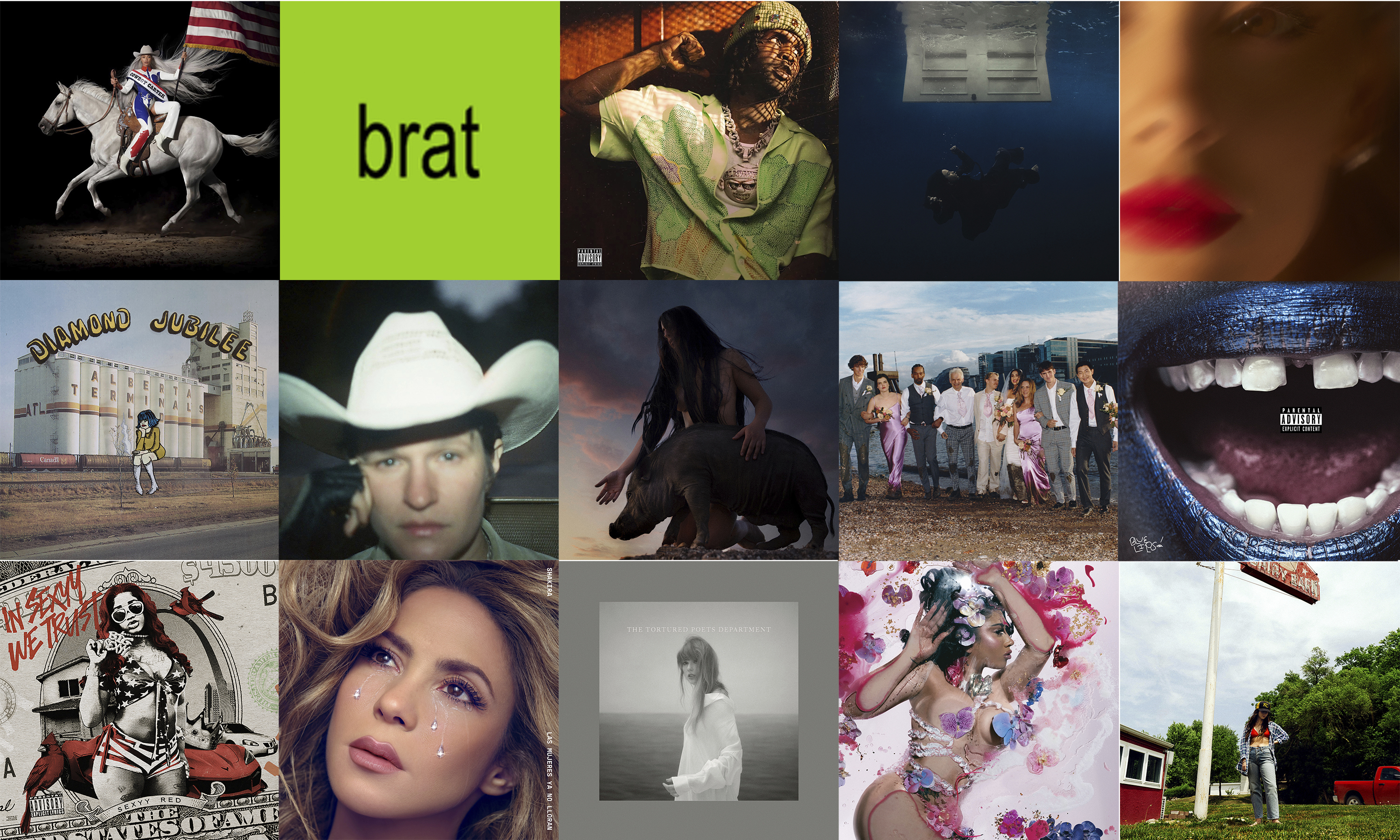 This combination of album covers shows, top row from left, "Act II: Cowboy Carter" by Beyonce (Parkwood/Columbia/Sony), "Brat" by Charli XCX (Atlantic), "Almighty So 2" by Chief Keef (43B), "Hit Me Hard and Soft" by Billie Eilish (Darkroom-Interscope), and "Eternal Sunshine" by Ariana Grande (Republic Records), second row from left, "Diamond Jubliee" by Cindy Lee (Realistik Studios), "Bright Future" by Adrianne Lenker (4AD), "I Got Heaven" by Mannequin Pussy (Epitaph), "Right Place, Wrong Person" by RM (BigHit), and "Blue Lips" by Schoolboy Q (Interscope), bottom row from left, "In Sexyy We Trust" by Sexyy Red (Rebel/gamma), "Las Mujeres Ya No Lloran" by Shakira (Sony), "The Tortured Poets Department" by Taylor Swift (Republic), "Orquídeas" by Kali Uchis (Geffen) and "Tigers Blood" by Waxahatchee (ANTI Records). (AP Photo)