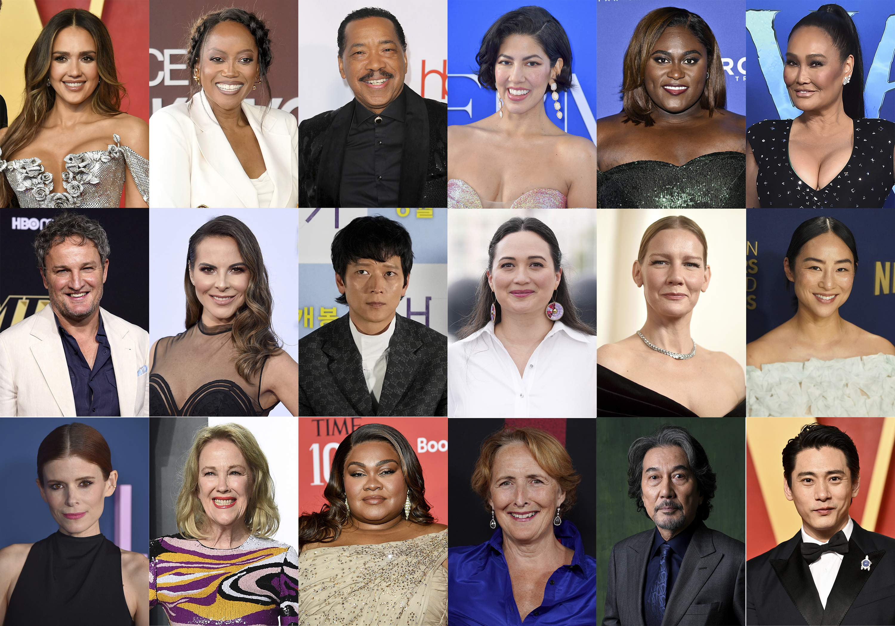 This combination of photos shows actors, top row from left, Jessica Alba, Ericka Alexander, Obba Babatunde, Stephanie Beatriz, Danielle Brooks and Tia Carrere, second row from left, Jason Clarke, Kate Del Castillo, Gang Dong-won, Lily Gladstone, Sandra Huller and Greta Lee, and bottom row from left, Kate Mara, Catherine O'Hara, Da'Vine Joy Randolph, Fiona Shaw, Koji Yakusho and Teo Yoo, who are among the artists invited to join the Academy of Motion Picture Arts and Sciences. (AP Photo)