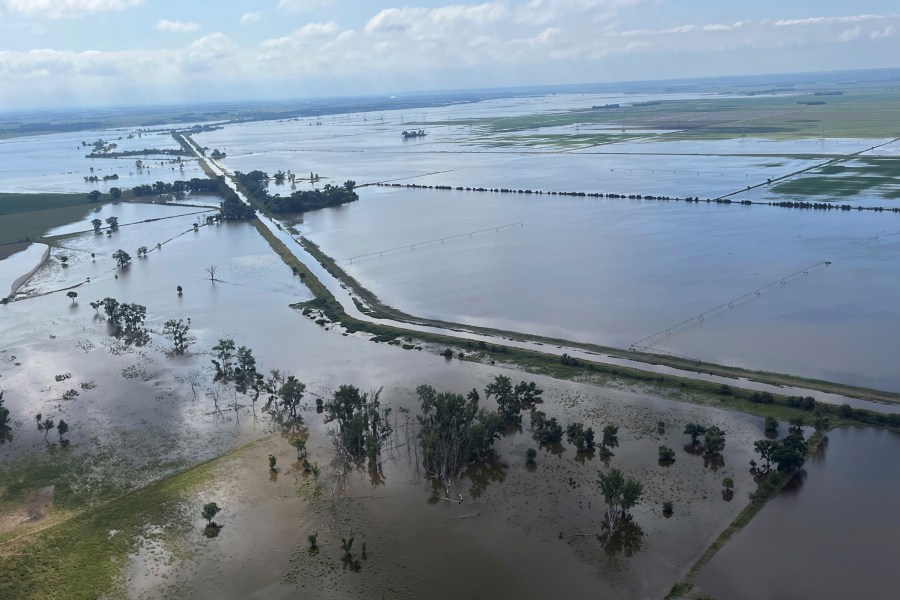 Heavy rains in recent days have submerged farmland near Vermillion, S.D., on Tuesday, June 25, 2024. Flooding has devastated communities in several states across the Midwest. (Jake Hoffner via AP)