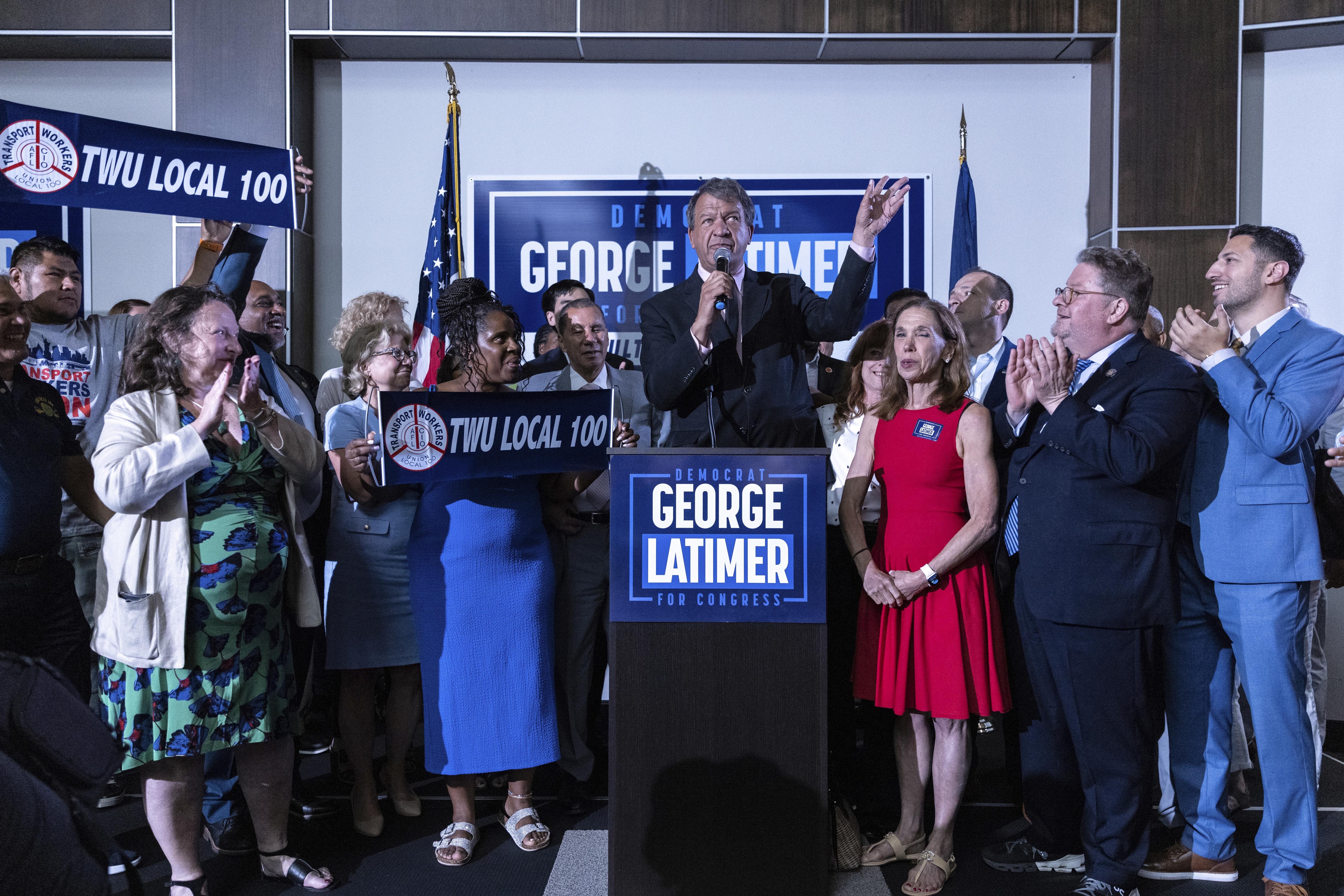 Westchester County Executive George Latimer speaks at his election night party, Tuesday, June 25, 2024 in White Plains, N.Y. (AP Photo/Jeenah Moon)