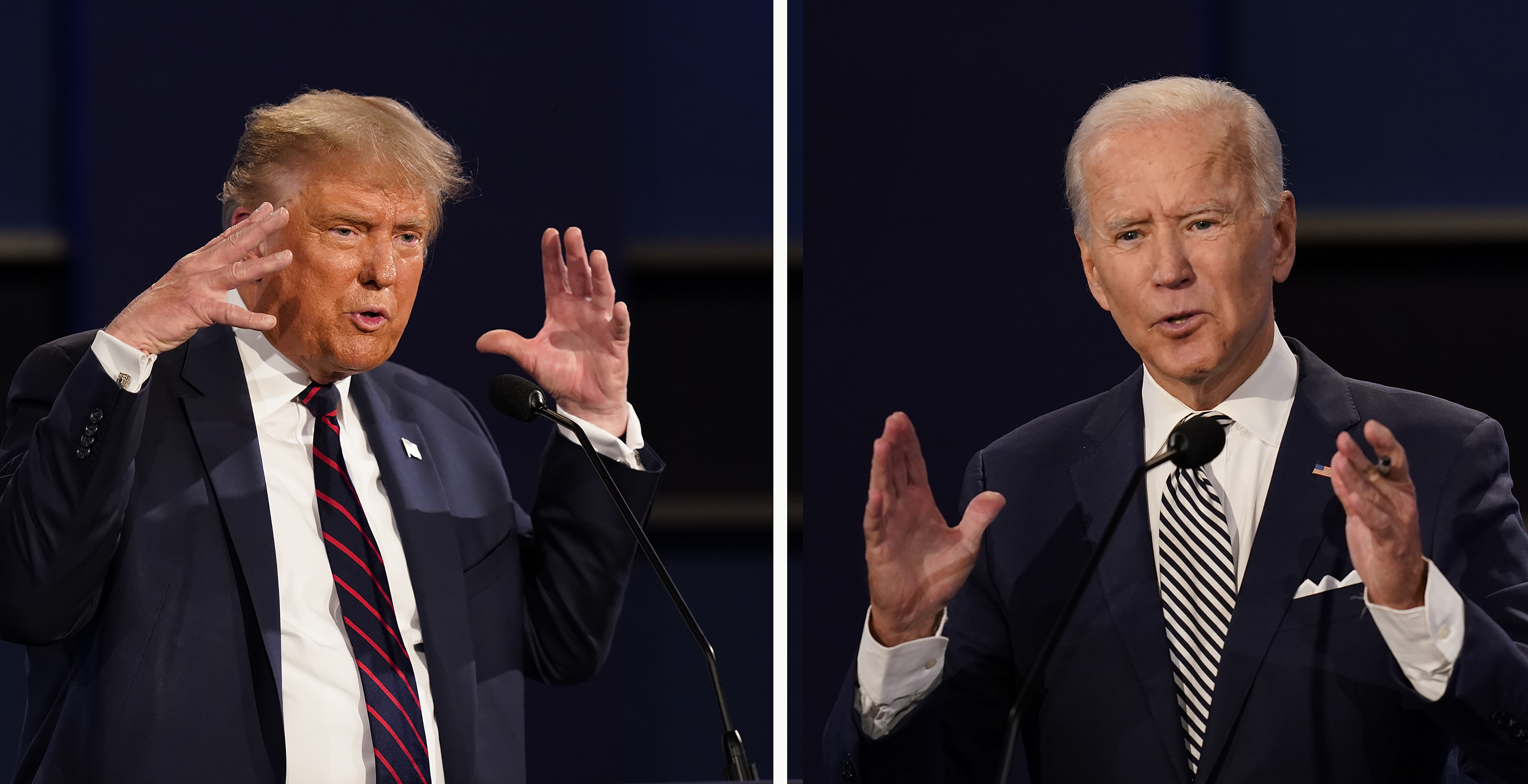 This combination of photos show President Donald Trump, left, and former Vice President Joe Biden during the first presidential debate on Sept. 29, 2020, in Cleveland. (AP Photo/Patrick Semansky, File)