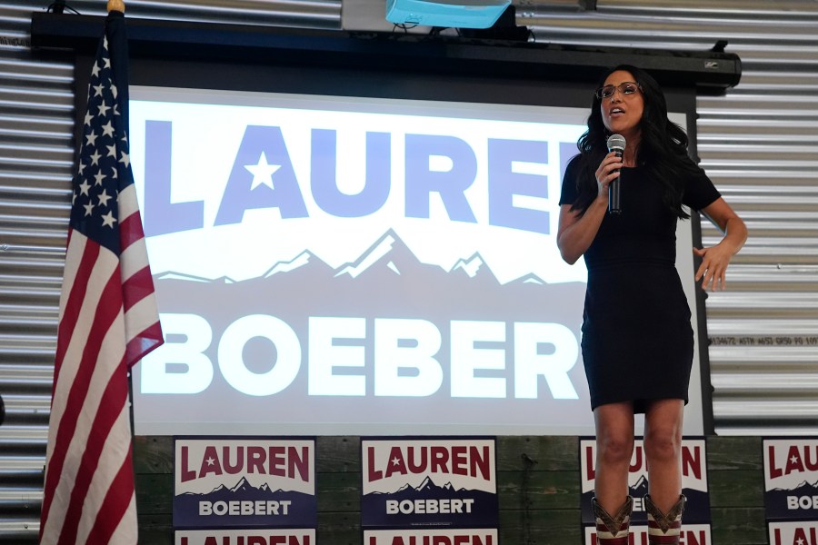 Rep. Lauren Boebert, R-Colo., speaks to supporters during a primary election watch party Tuesday, June 25, 2024, in Windsor, Colo. (AP Photo/David Zalubowski)