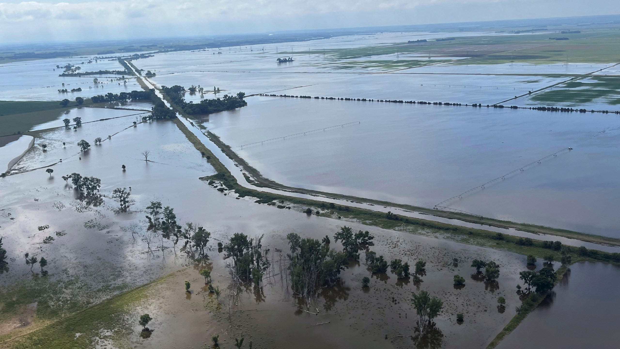 Heavy rains in recent days have submerged farmland near Vermillion, S.D., on Tuesday, June 25, 2024. Flooding has devastated communities in several states across the Midwest. (Jake Hoffner via AP)