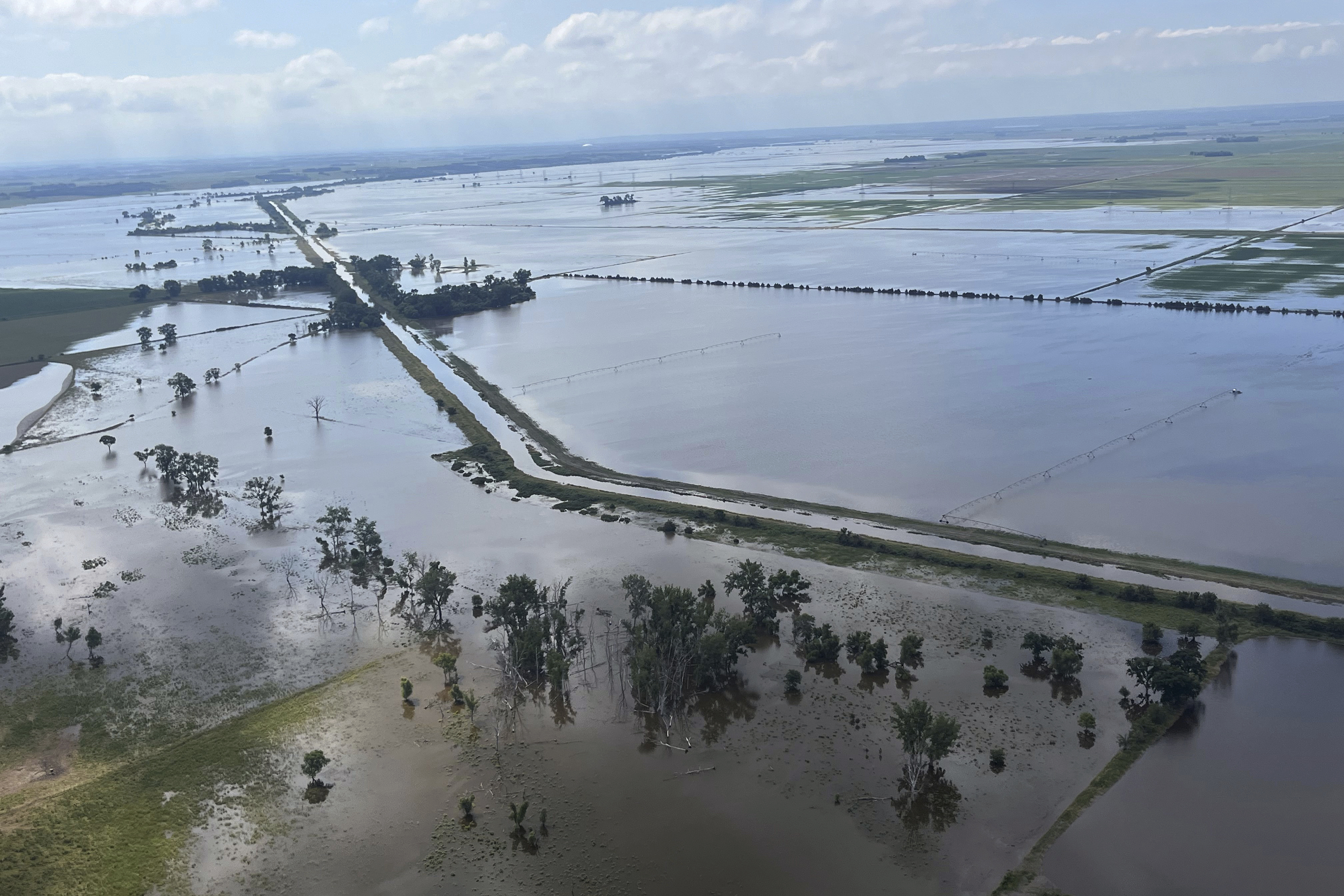 Heavy rains in recent days have submerged farmland near Vermillion, S.D., on Tuesday, June 25, 2024. Flooding has devastated communities in several states across the Midwest. (Jake Hoffner via AP)