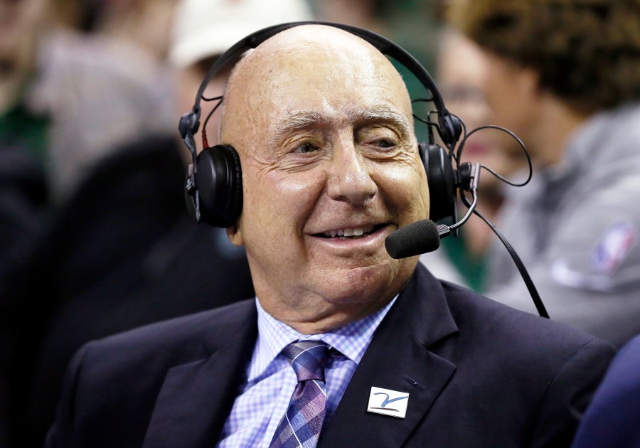 FILE - ABC/ESPN basketball analyst Dick Vitale sits at midcourt prior to an NCAA college basketball game between Baylor and Villanova, Dec. 12, 2021, in Waco, Texas. Longtime ESPN college basketball analyst Vitale said on social media Friday, June 28, 2024, that he has been diagnosed with cancer for a fourth time. (AP Photo/Ray Carlin, File)
