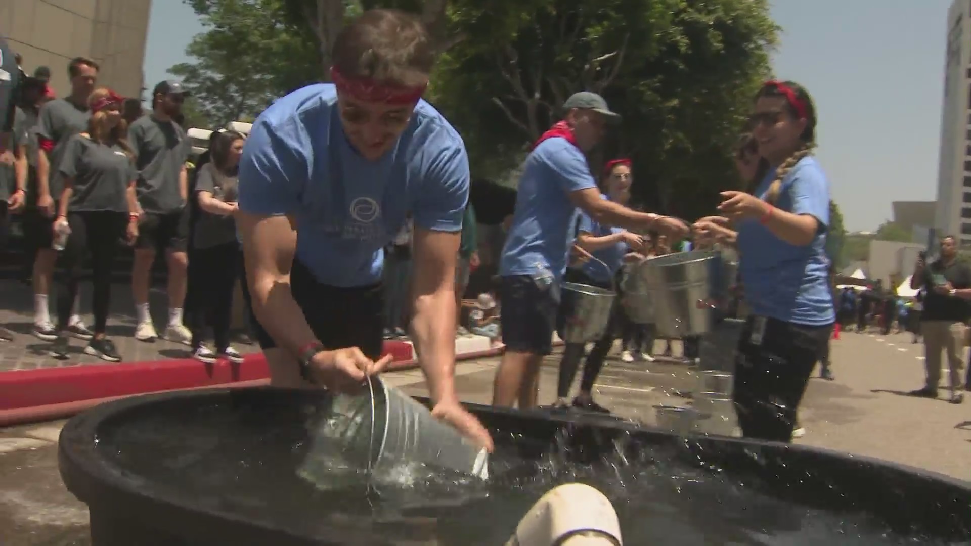 Firefighter games were played by sponsored teams at The 27th Annual Hope For Firefighters event benefitting the Widows, Orphans & Disabled Firefighter's Fund in downtown Los Angeles on June 6, 2024. (KTLA)