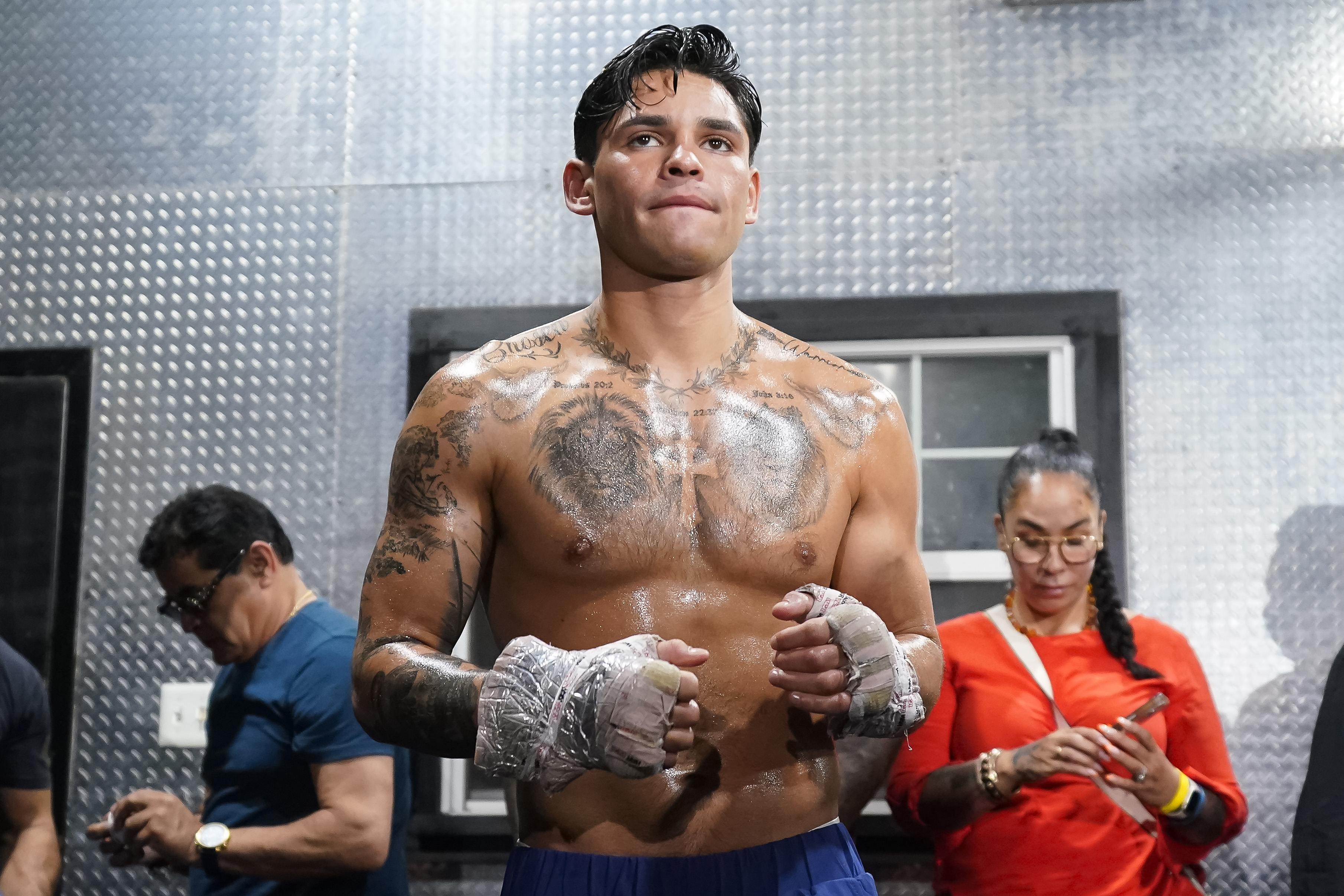 DALLAS, TEXAS - APRIL 09: Ryan Garcia in action during a media workout at World Class Boxing Gym on April 09, 2024 in Dallas, Texas. (Photo by Sam Hodde/Getty Images)