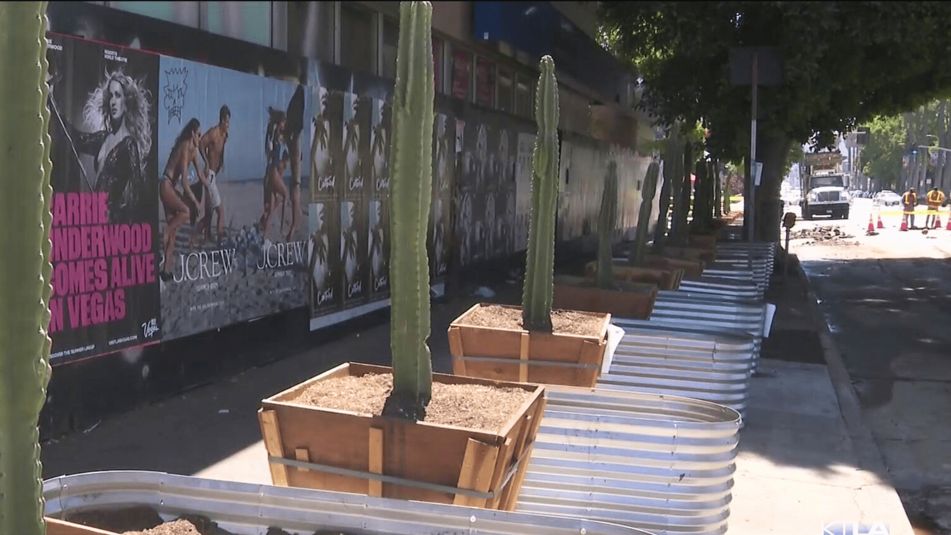 Planters and garden beds placed in front of Hollywood businesses on Sunset Boulevard to deter homeless encampments from growing. (KTLA)