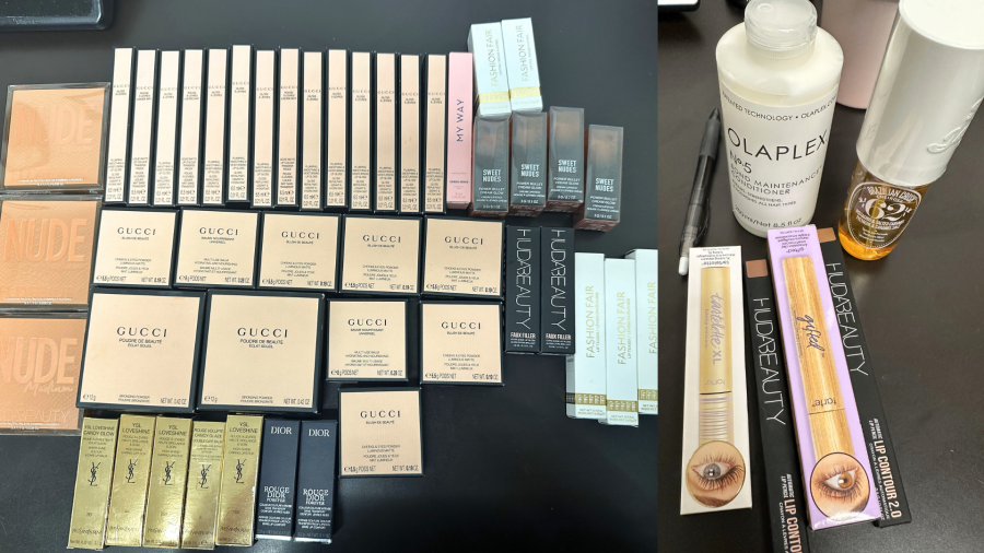 A variety of luxury beauty products were discovered during a large retail theft bust operation across San Bernardino County from May to June 2024. (San Bernardino County Sheriff's Department)