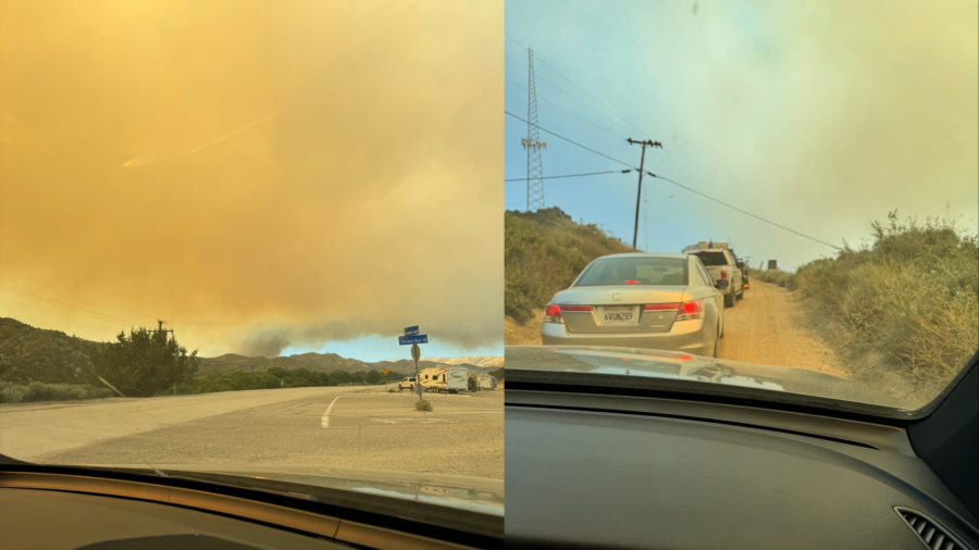 Drivers being evacuated from the Hungry Valley SVRA recreation area and campgrounds due to the Post Fire in Gorman on June 14, 2024. (Greg Hoegner)