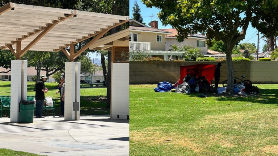 Several homeless encampments are seen at Stoddard Park in Anaheim. (Amy Robbins)