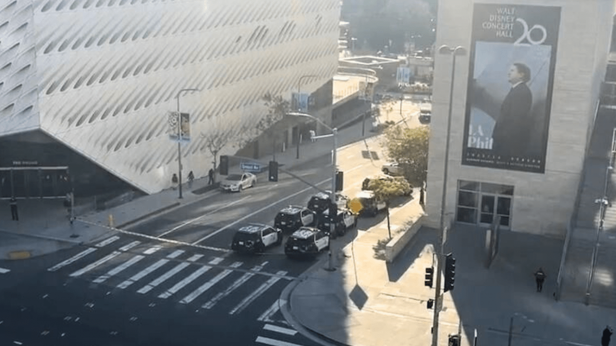 Entrances to the nearby Broad Museum were blocked off as police investigated reports of a shooting outside Walt Disney Concert Hall in downtown Los Angeles on June 13, 2024. (Citizen)