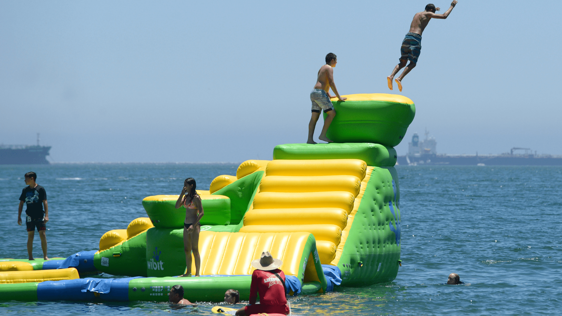 Long Beach's free floating Wibit aquatic playground is seen being enjoyed by swimmers. (Long Beach)