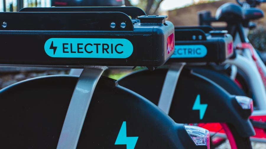 E-bikes are seen at a charging station