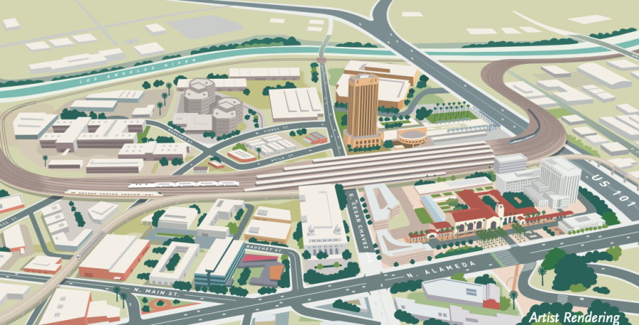 An illustration of the proposed improvements at Los Angeles Union Station, including the proposed US 101 Viaduct. (LA Metro)