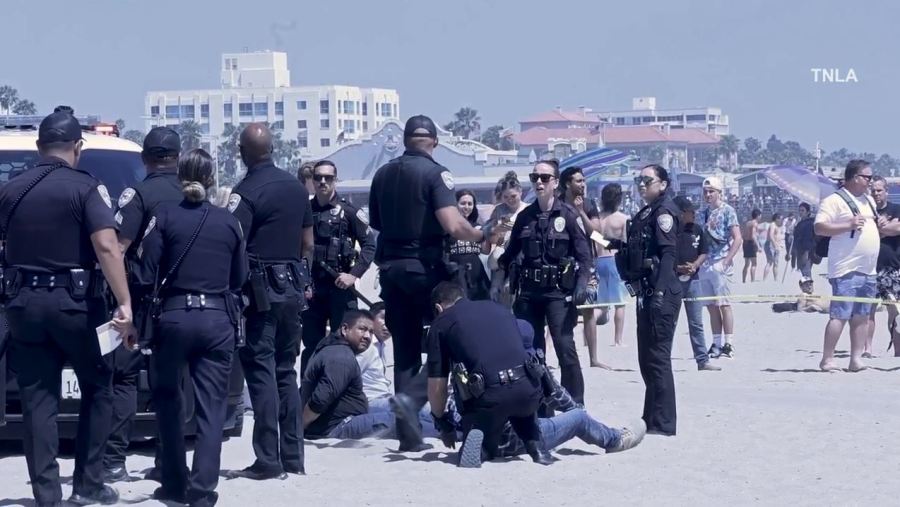 Five people were arrested after a large brawl left one person stabbed and another injured on the beach near the Santa Monica Pier on June 29, 2024. (TNLA)