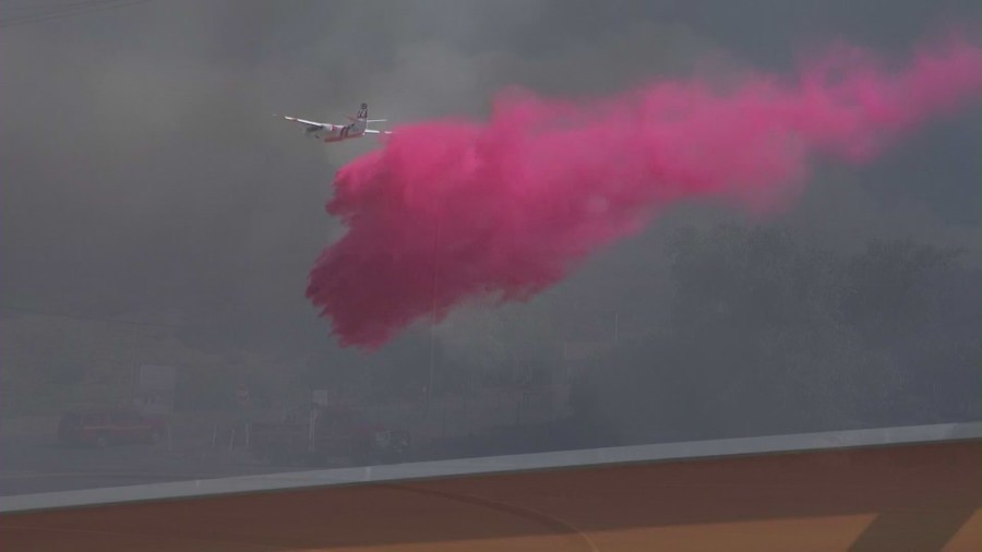 Airplanes work to contain the Post Fire in Gorman on June 14, 2024. (KTLA)