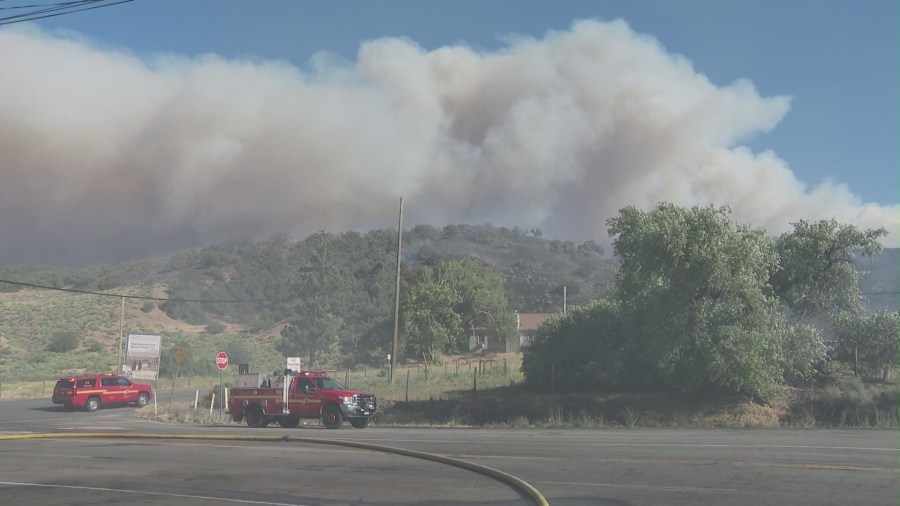 Firefighters work to contain the Post Fire in Gorman on June 14, 2024. (KTLA)