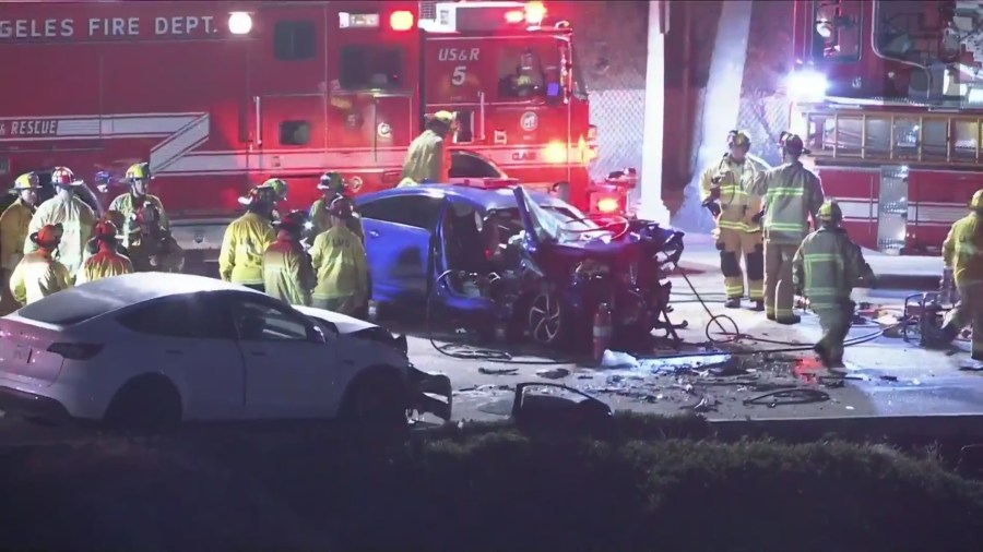 Crews extricated passengers from the wreckage of a deadly head-on crash in Playa del Rey on June 4, 2024. (KTLA) 