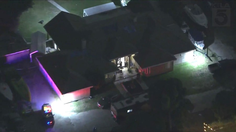 Sky5 footage of a Compton home where a party shooting left one person dead and four others hospitalized on June 7, 2024. (KTLA)