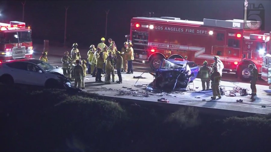 Crews extricated passengers from the wreckage of a deadly head-on crash in Playa del Rey on June 4, 2024. (KTLA) 