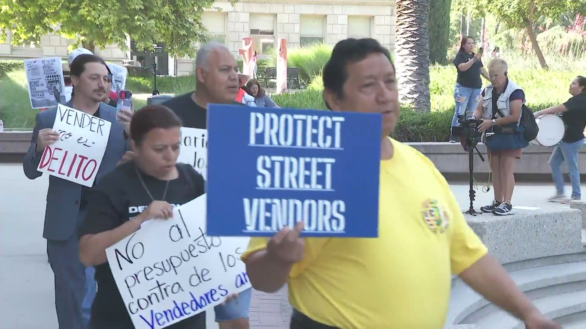 A rally opposing the illegal street vending program was held outside Covington Chambers as the San Bernardino County Board of Supervisors voted on the yearly budget on June, 11, 2024. (KTLA)