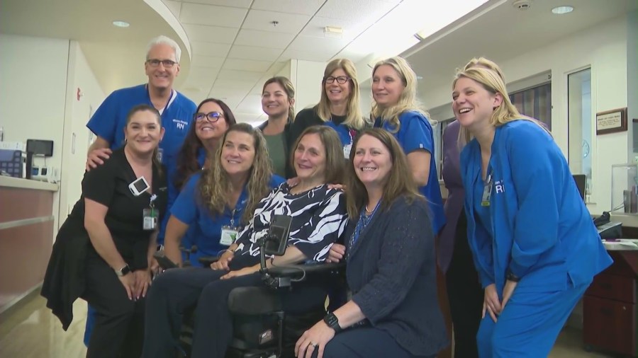 Colleagues bid farewell to Deanne Niedziela at Mission Hospital on June 13, 2024 as she retires after experiencing an accident that left her paralyzed. (KTLA)