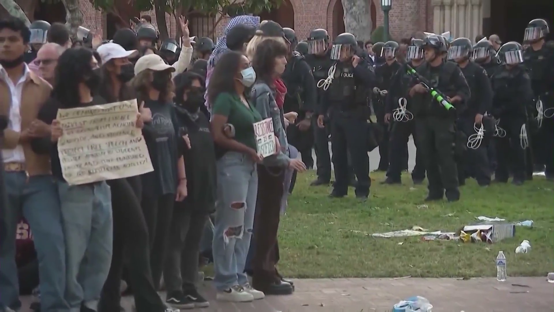 Police confront demonstrators on the campus of UCLA on Thursday, May 23, 2024. (KTLA)