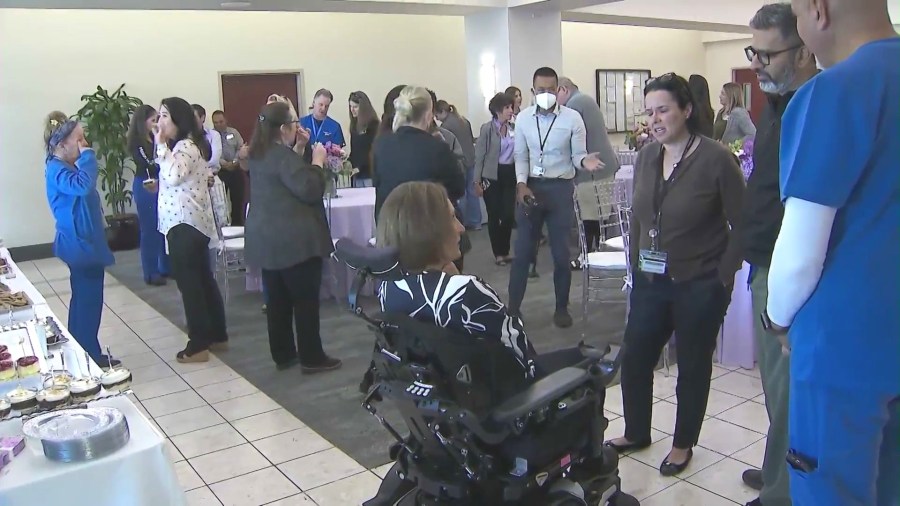 Colleagues held a reception for an honorary farewell to Deanne Niedziela, a nurse director at Providence Mission Hospital in Mission Viejo on June 13, 2024. (KTLA)