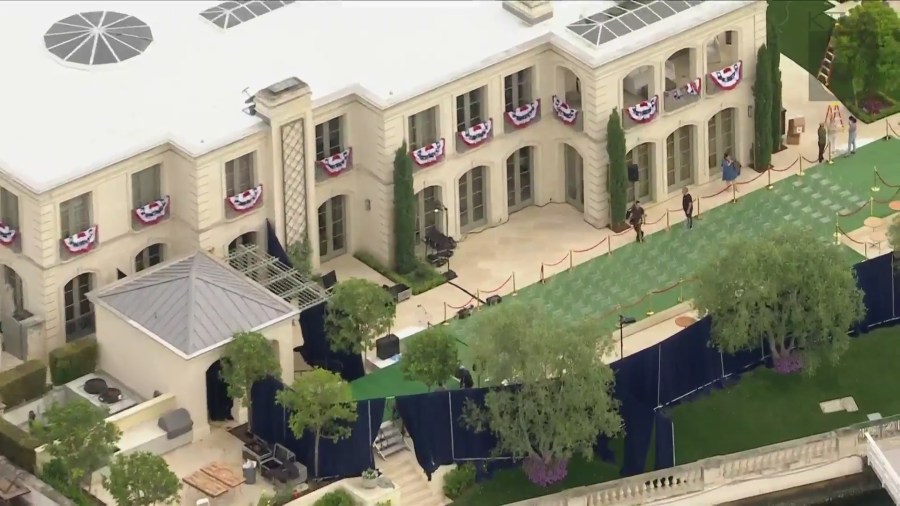 The Harbor Island home of John and Kimberly Word in Newport Beach where Donald Trump held a campaign fundraising event on June 8, 2024. (KTLA)