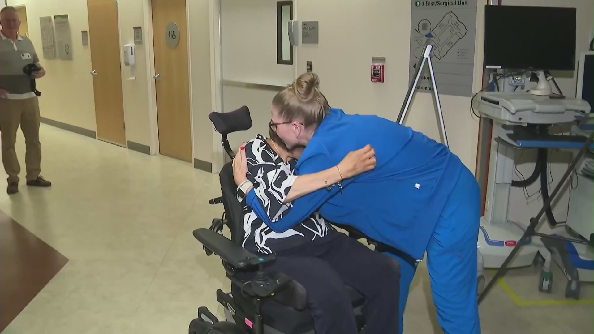 Colleagues bid farewell to Deanne Niedziela at Mission Hospital on June 13, 2024 as she retires after experiencing an accident that left her paralyzed. (KTLA)