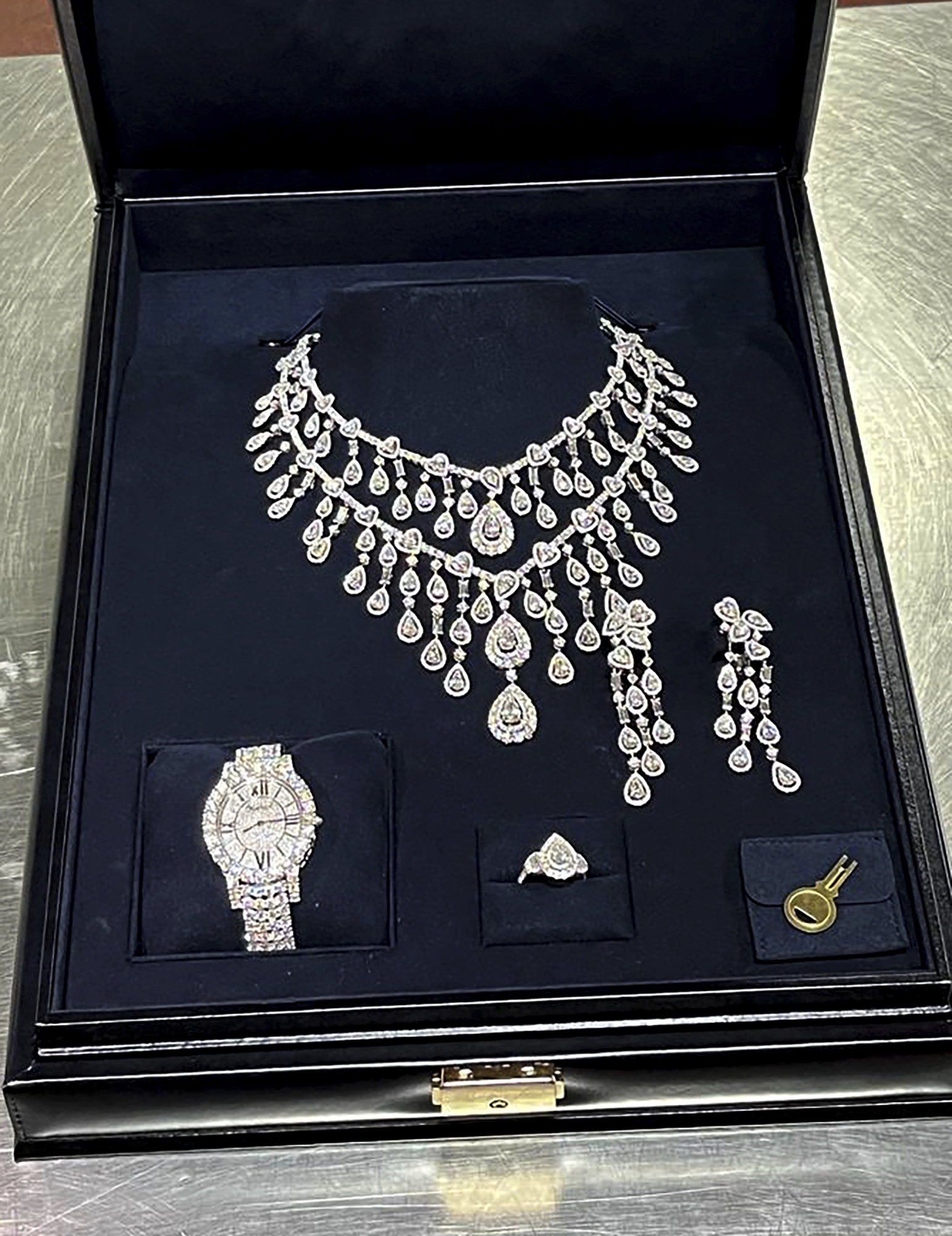 FILE - This photo provided by Brazil's Federal Revenue Department shows jewelry, part of an investigation into gifts received by ex-President Jair Bolsonaro during his term, seized by customs authorities at Guarulhos International Airport in Sao Paulo, Brazil, the week of March 24, 2023. Brazilian police indicted Bolsonaro on Thursday, July 4, 2024, for money laundering and criminal association, sources say. (Brazil's Federal Revenue Department via AP, File)