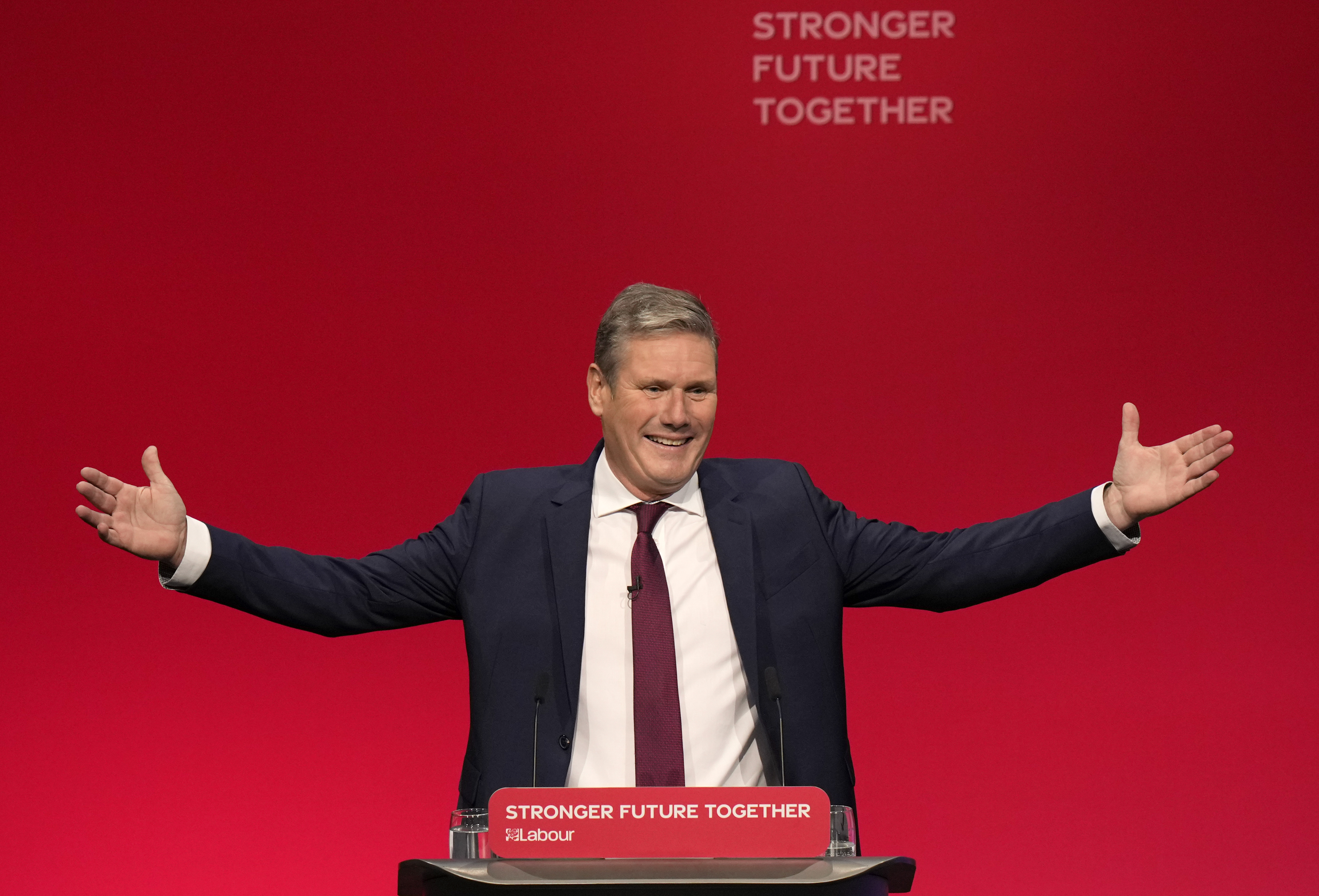 FILE - Leader of the British Labour Party Keir Starmer gestures as he arrives to make his keynote speech at the annual party conference in Brighton, England, Wednesday, Sept. 29, 2021. (AP Photo/Alastair Grant, File)