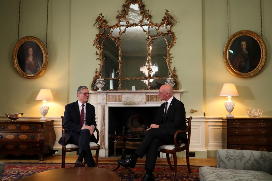 Britain's Prime Minister Keir Starmer, left, meets Scottish First Minister and SNP leader John Swinney during a visit to Edinburgh, Scotland on July 7, 2024 as part of a two-day tour of the four nations of the United Kingdom. (Scott Heppell, Pool Photo via AP)